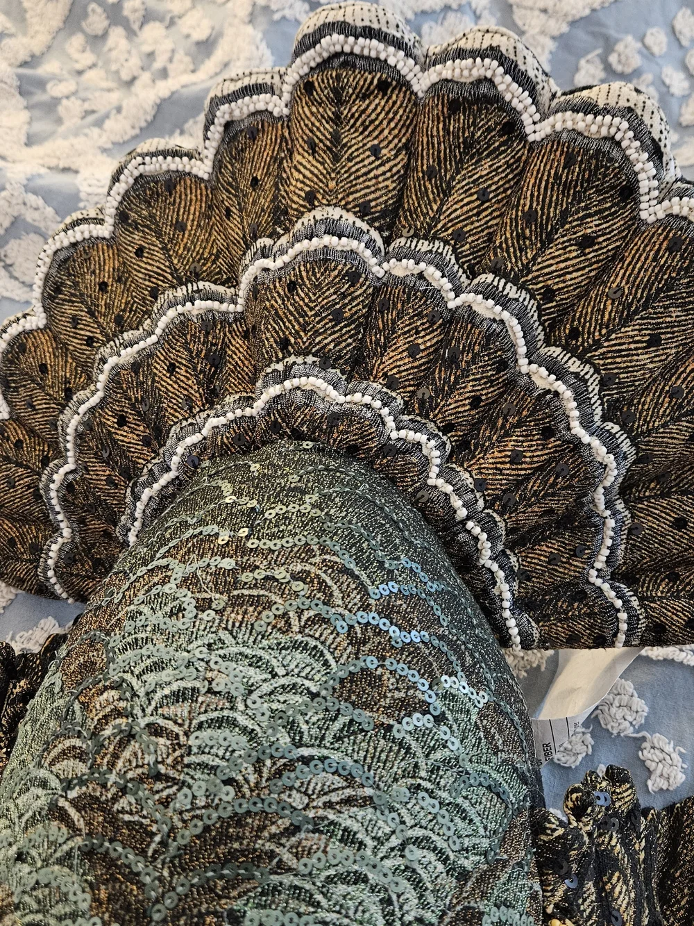 John Derian Turkey Pillow Beaded Decorative Bird Pillow - Green, Brown, Gold - Picture 4 of 5